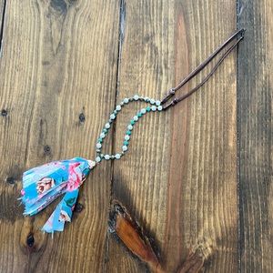 Leather & beaded necklace with fabric & lace tassel